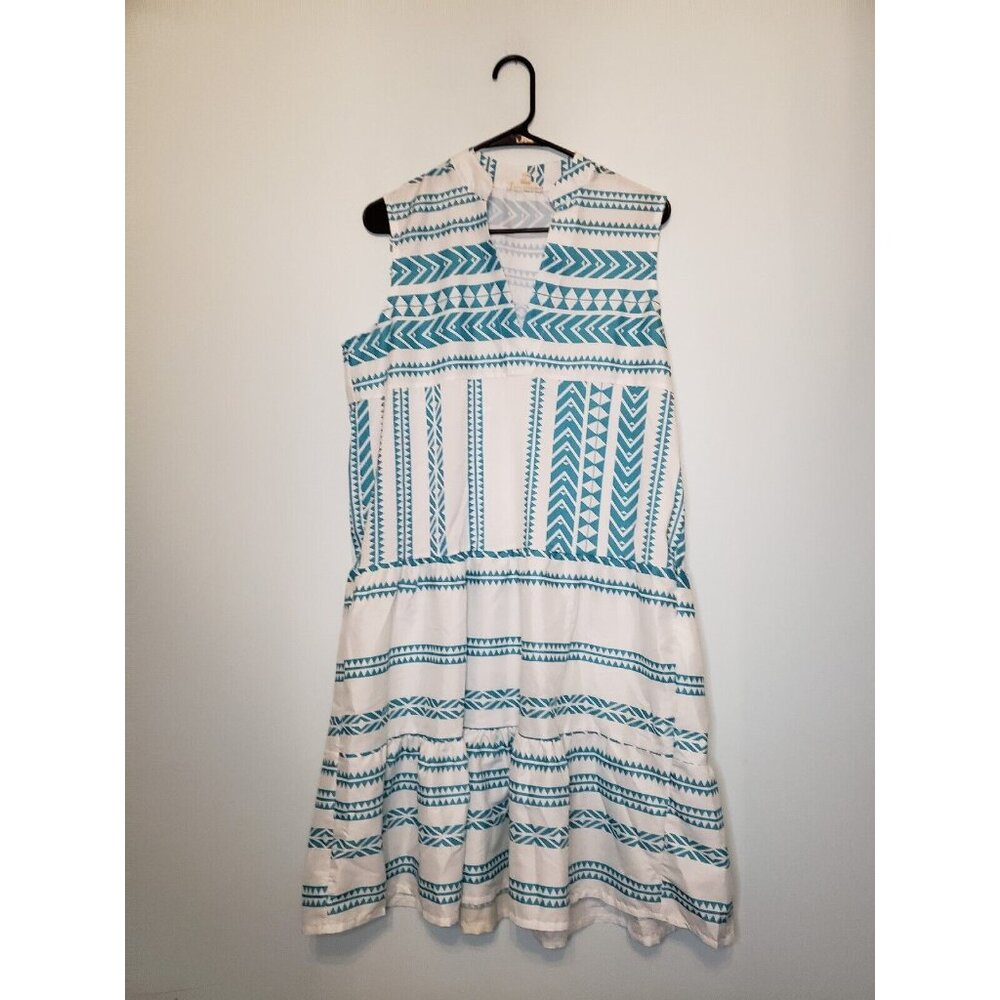 Pink Ripple Womens L Mini Dress V Neck Sleeveless Teal White Geometric Sheath